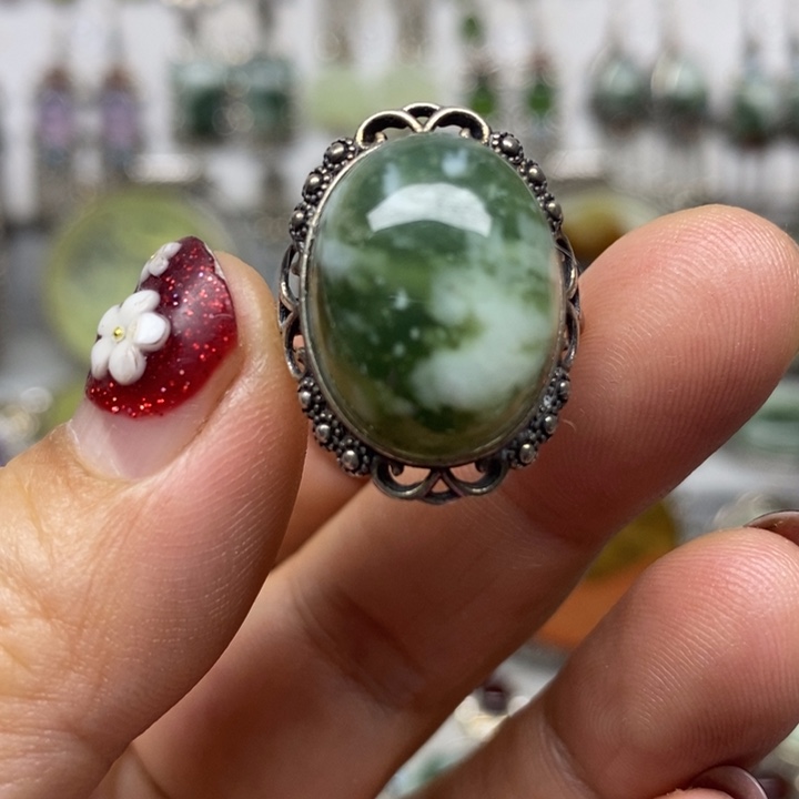 蛇纹石玉戒指银S925镶嵌