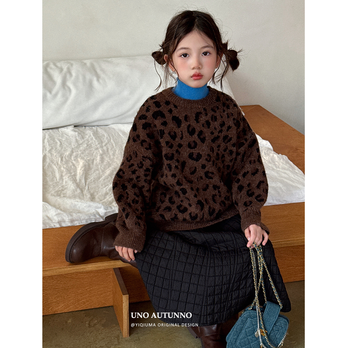 现货「UNO AUTUNNO」【拥【豹】】兔绒棉女童冬季圆领豹纹毛衣GD2447