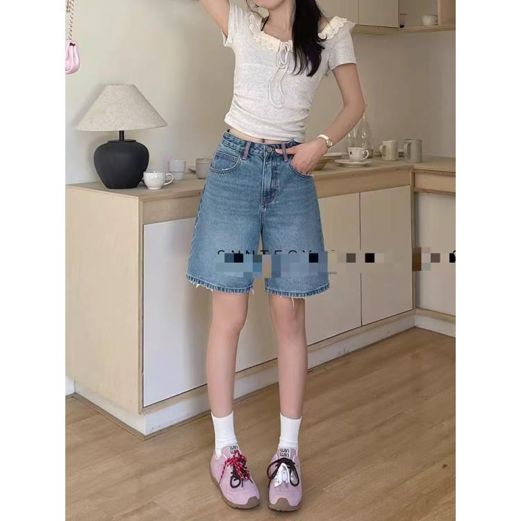 HH50120 新款！遮大腿A字版型短裤 毛边蓝色中裤 高腰遮胯神裤！！
