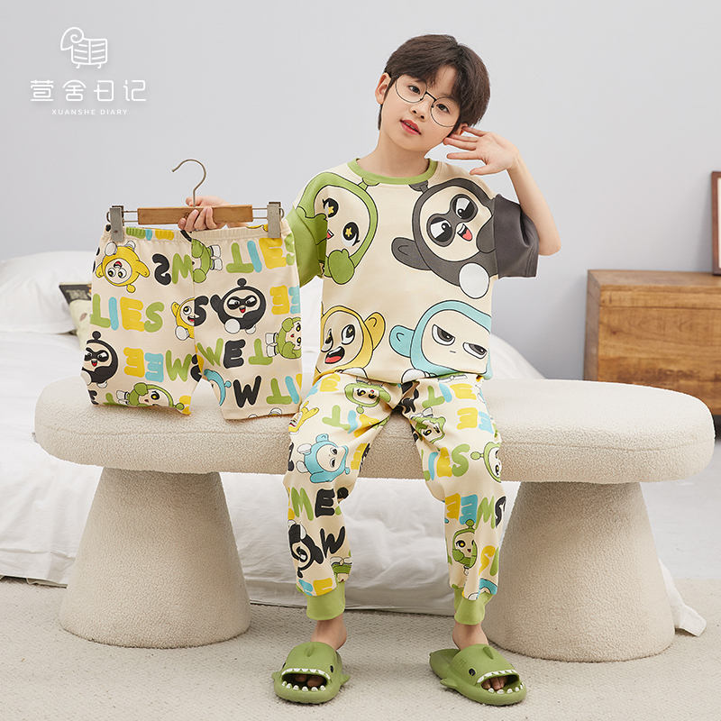 儿童睡衣夏季纯棉短袖三件套男童长裤薄款卡通家居服套装25001