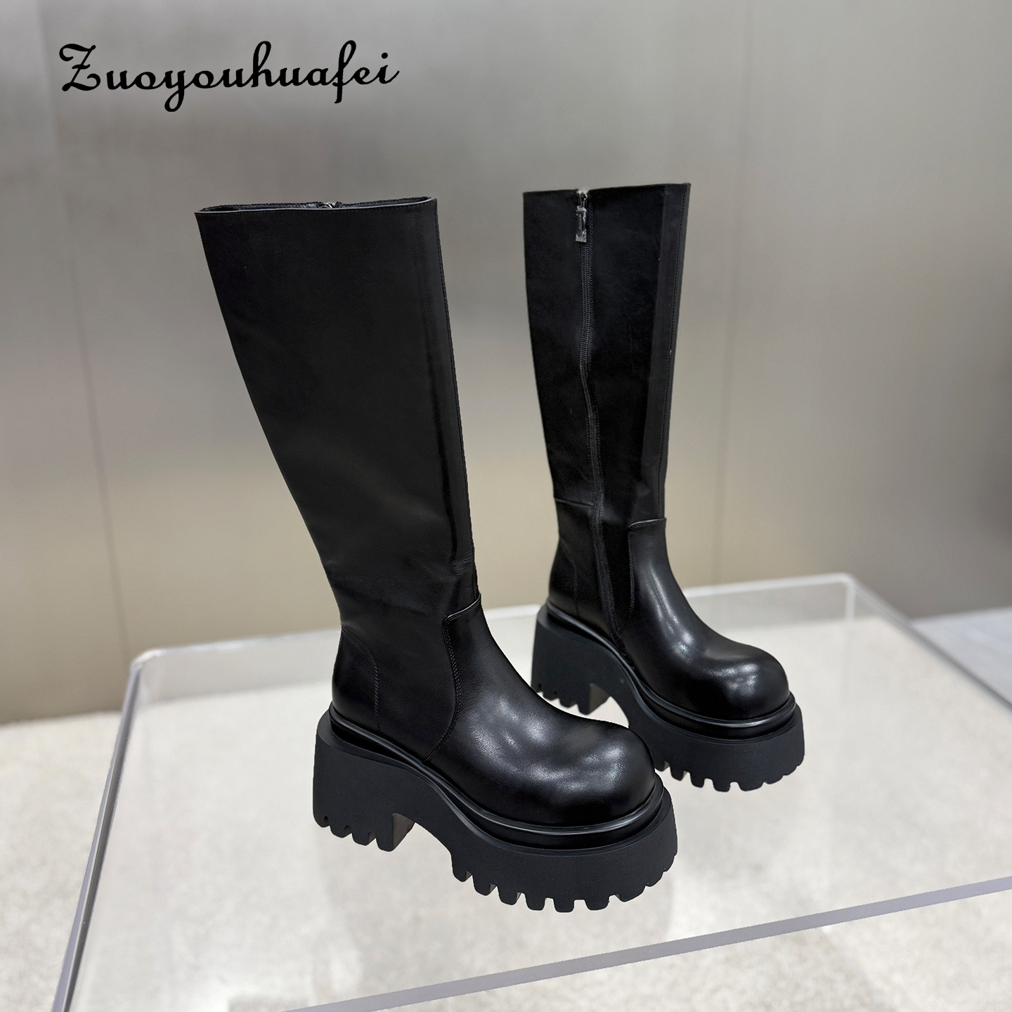 【左右华菲】8.5cm真皮百搭厚底骑士靴女2025秋冬新款不过膝长筒靴