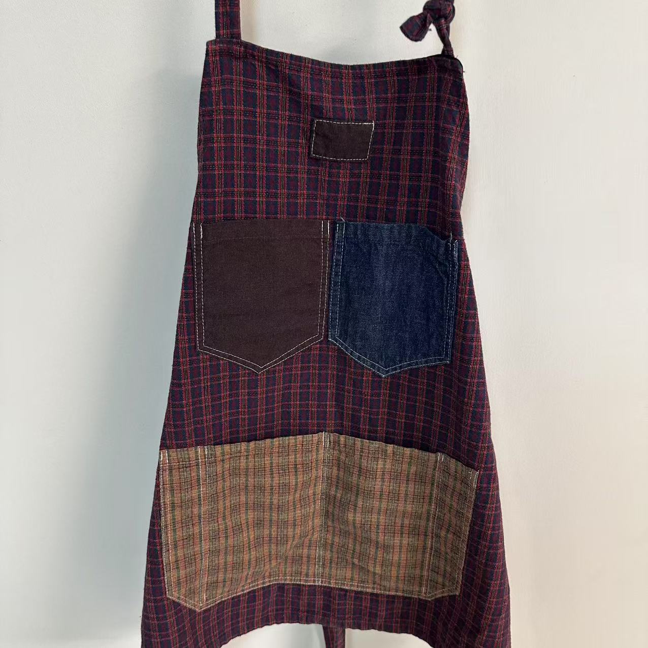 1孤品老布格子长款挂脖围裙袖套家用日系工作纯棉透气围腰