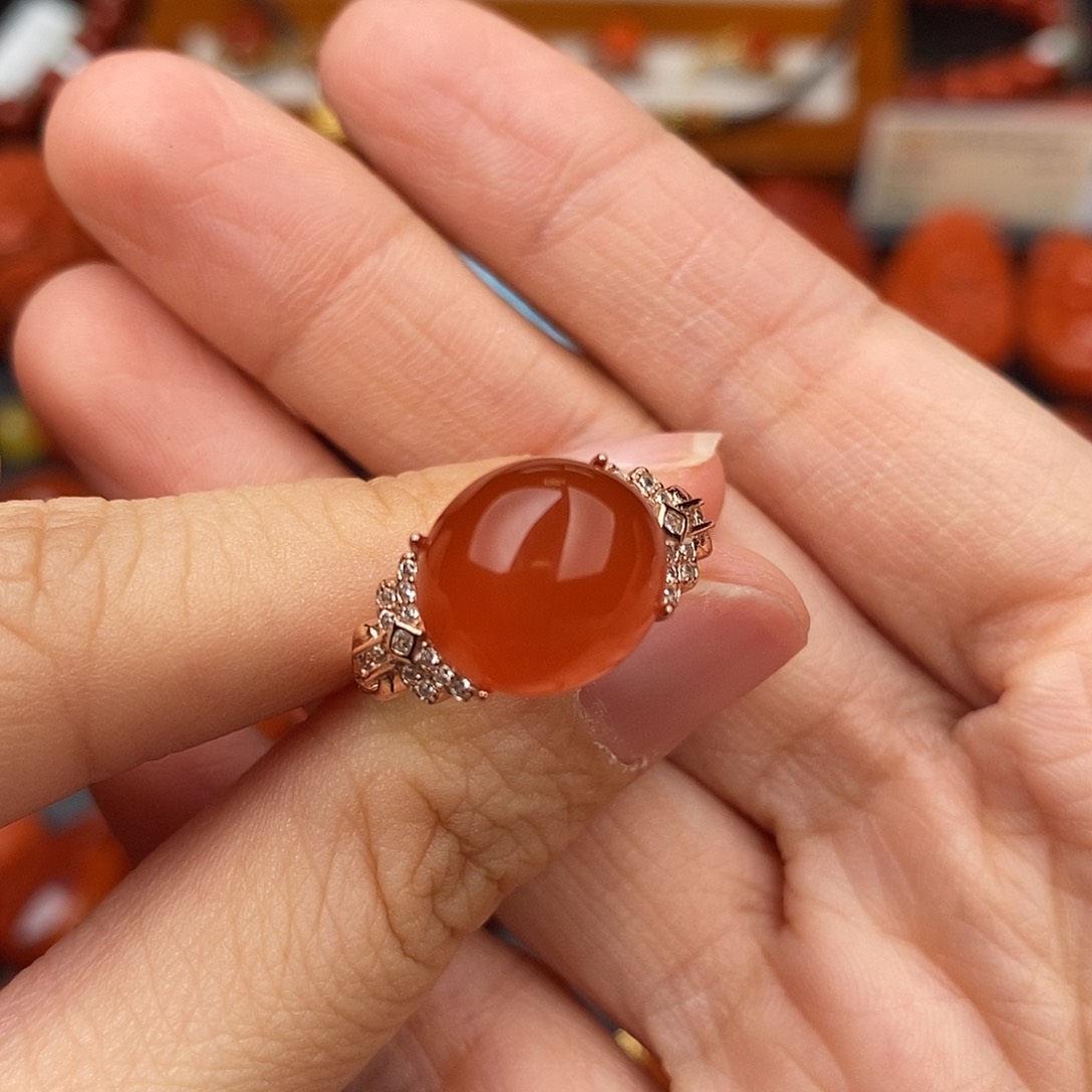 南红玛瑙云南保山冰红戒指银S925镶嵌