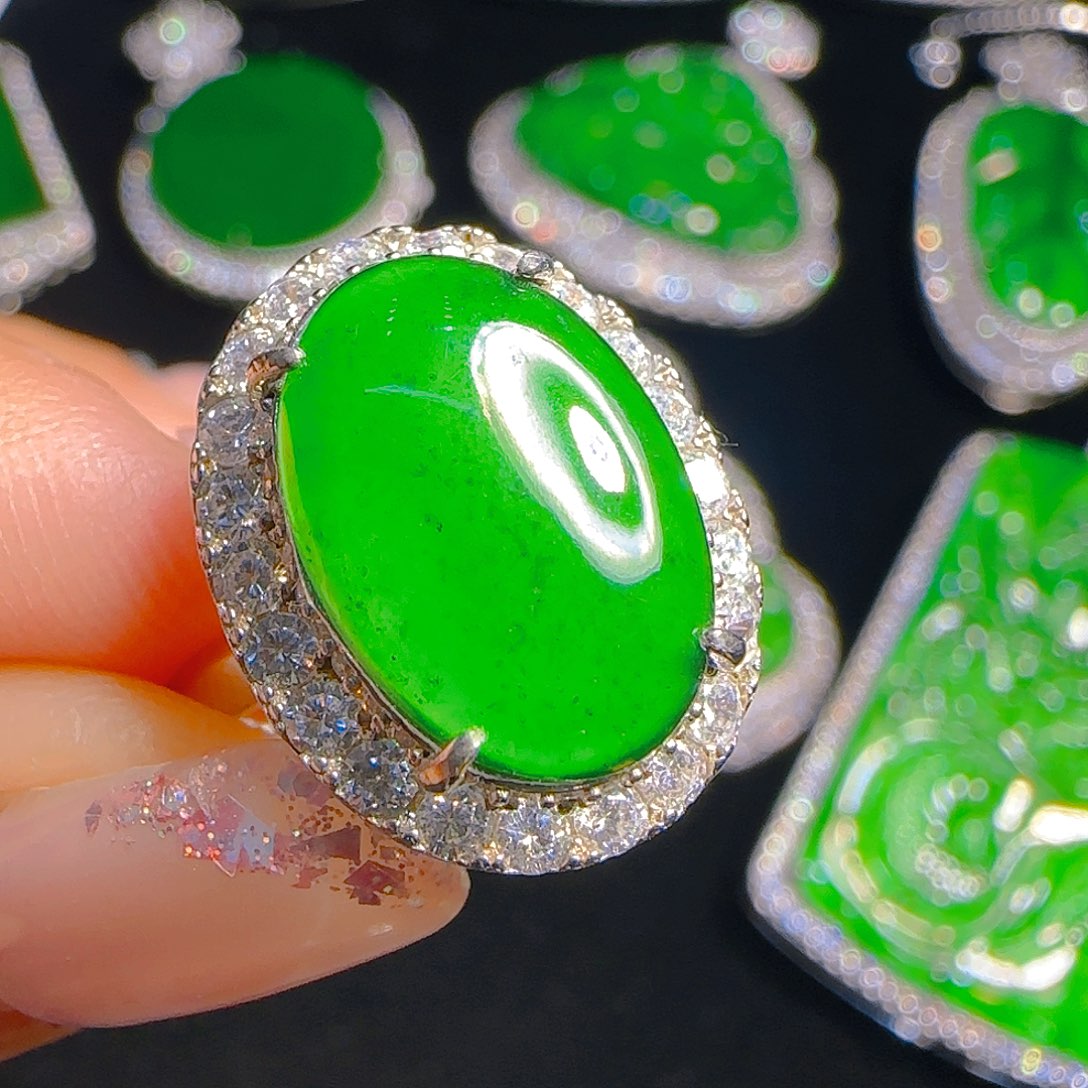翡翠戒指银S925镶嵌天然