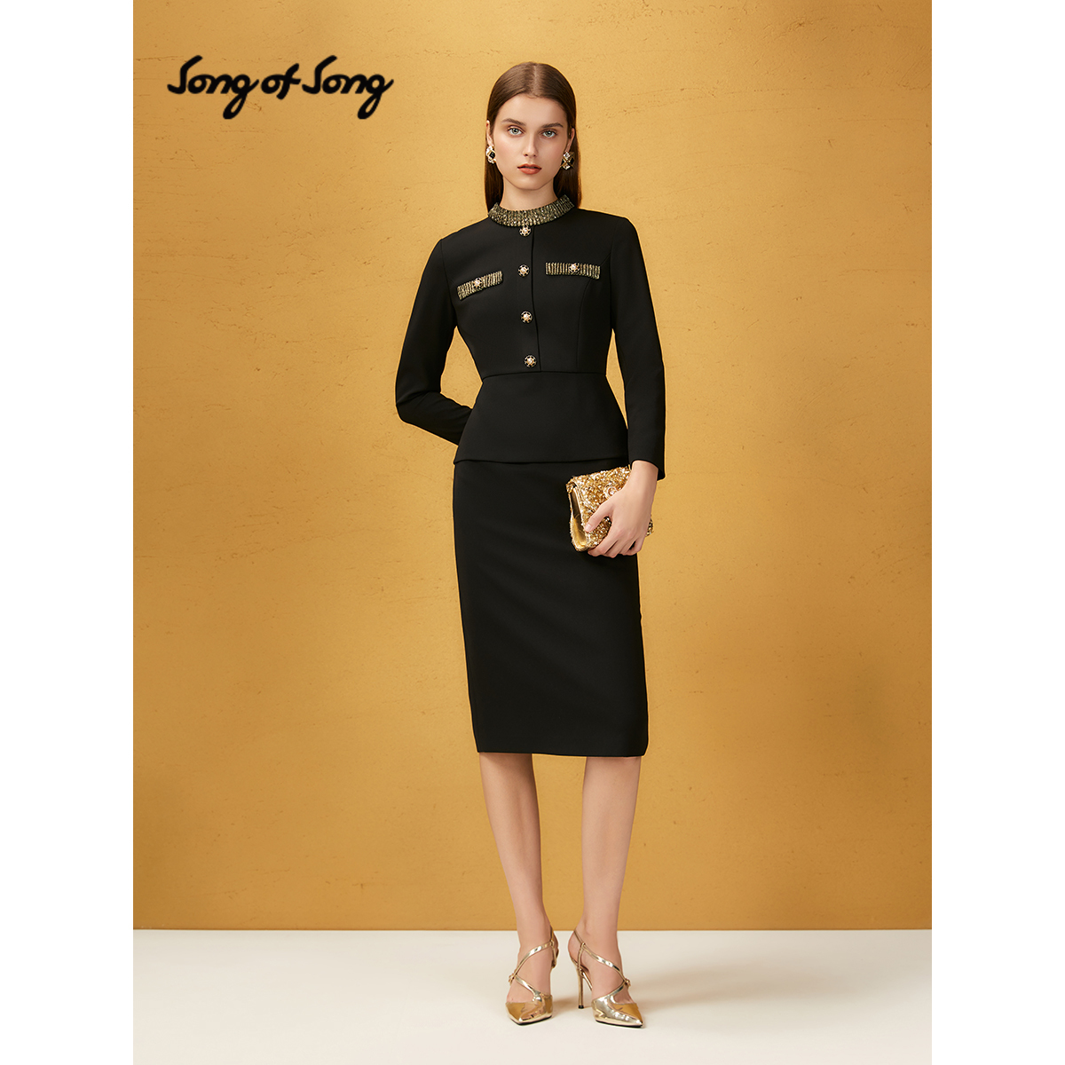 Song of Song歌中歌2025黑金撞色假两件连衣裙5C65305460