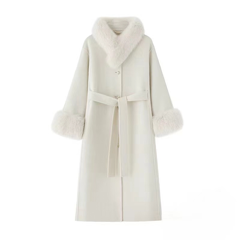 秋冬新款狐狸毛长款气质赫本风衣双面羊毛大衣外套气质