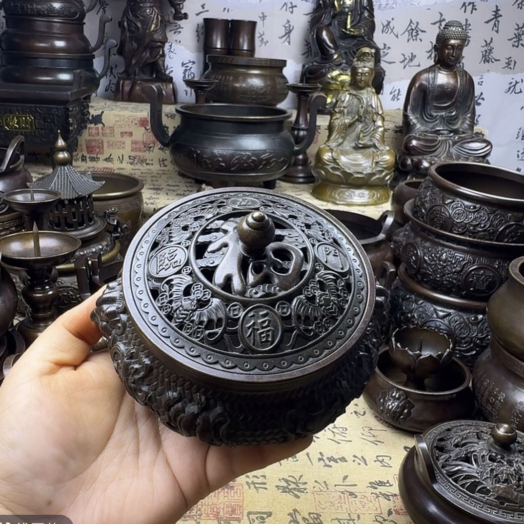 五福临门熏香炉口径10公分纯铜带盖香薰炉