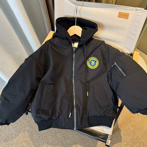 【棉服】男童冬季保暖棉衣外套黑色连帽大童时尚女童短款休闲棉袄