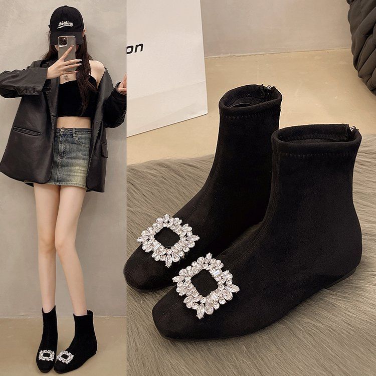 法式小短靴女2025秋冬新款水钻方头弹力靴袜靴粗跟瘦瘦靴平底女鞋