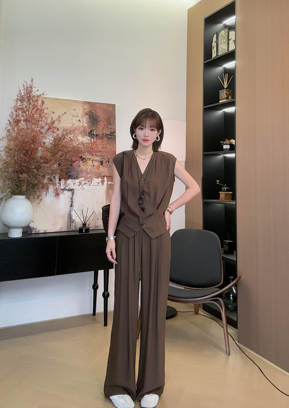 NaNa-原创设计 气质高级感V领单排扣显瘦马甲直筒裤套装#NN2148