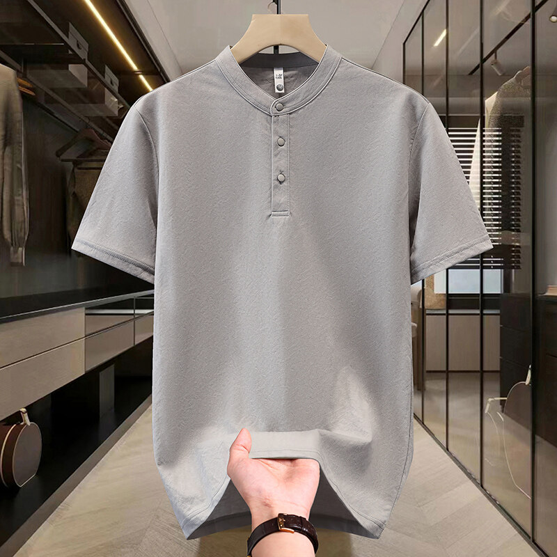2025夏季新款亨利领短袖T恤男士修身纯色POLO衫简约帅气潮流上衣