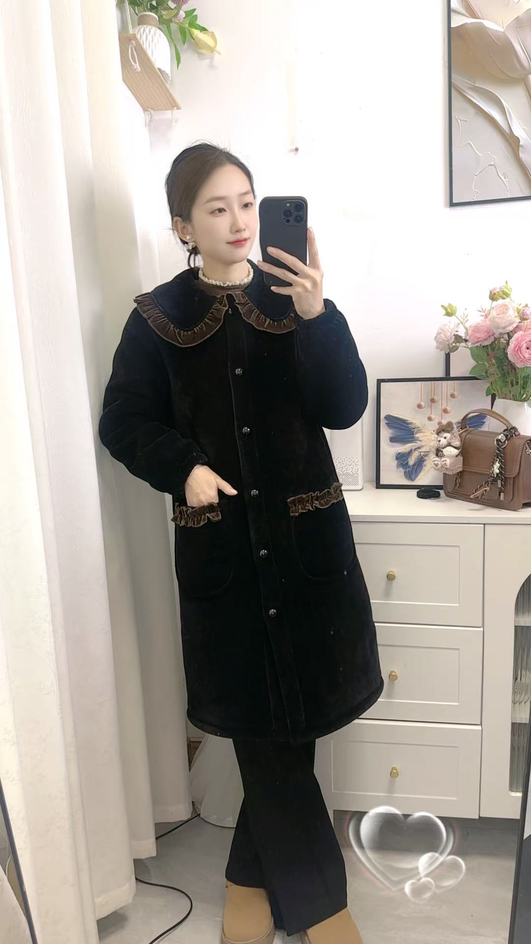 冬季外穿休闲咖色娃娃领花边长款长袍洋气雪尼尔细纹长款棉服外套