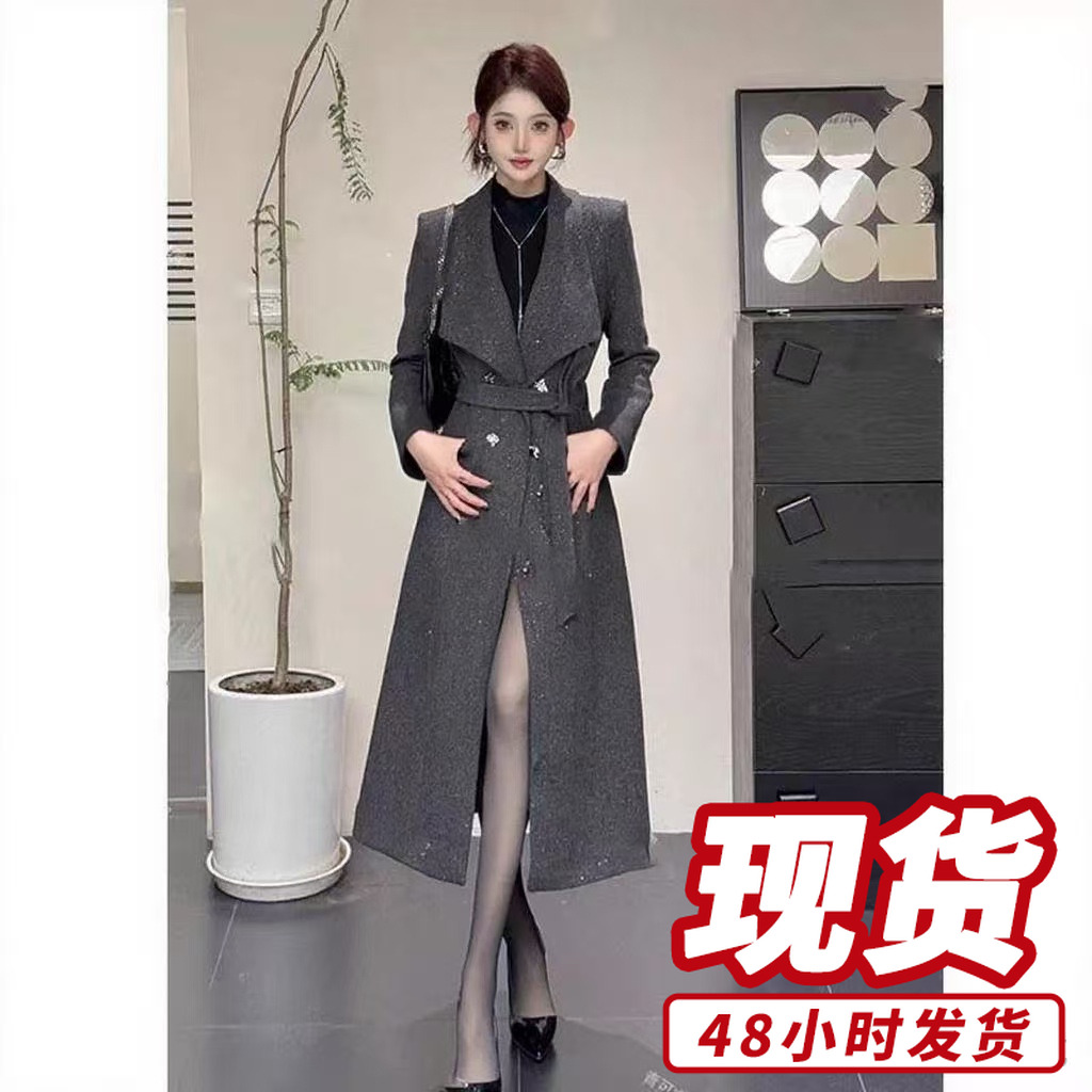 小香风长款大摆2025秋冬季新款收腰系带显瘦大衣5082