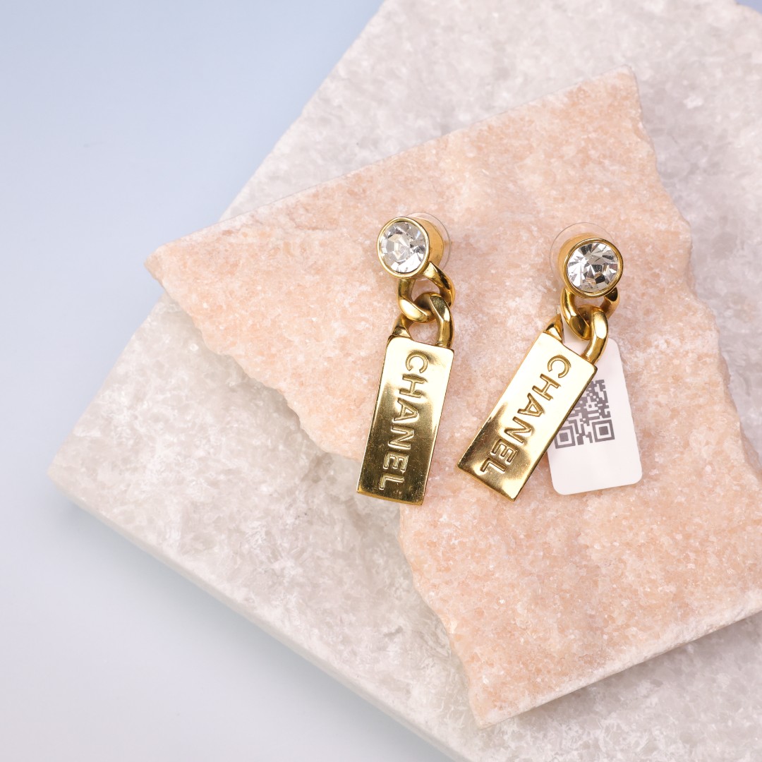 95新 Chanel/香奈儿 柚礼中古/香奈儿莱茵石方牌耳钉hz512042