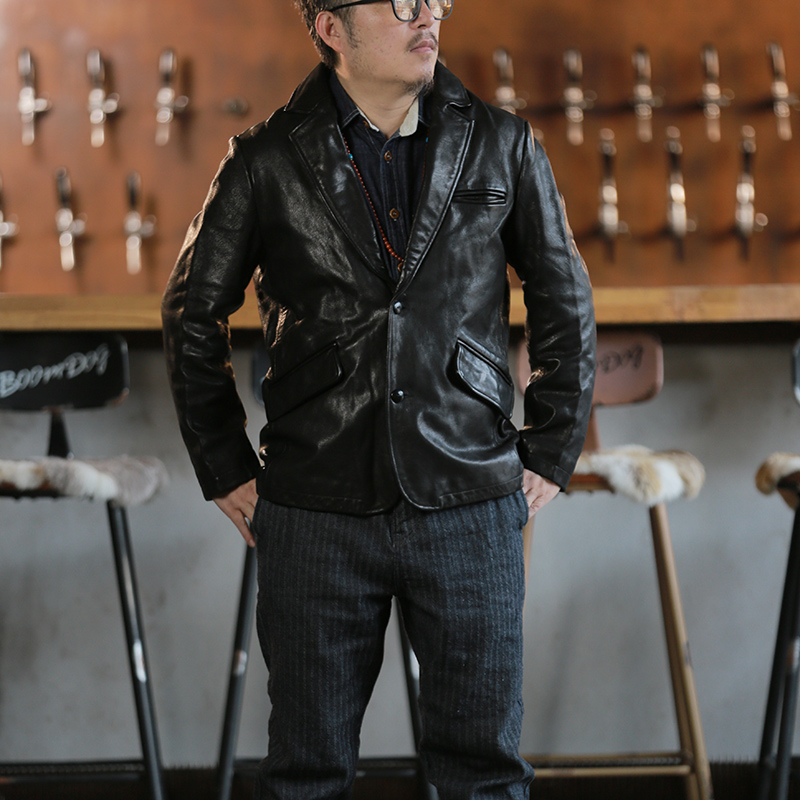 复古修身重水洗真皮西服