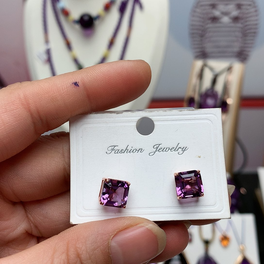 紫晶耳饰银S925镶嵌方糖