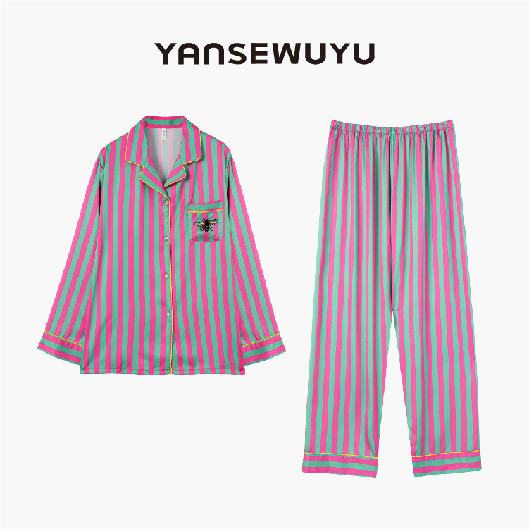 妍色物语【粉荧青秘】春秋长袖可爱竖条轻奢休闲家居服套装丝织睡衣