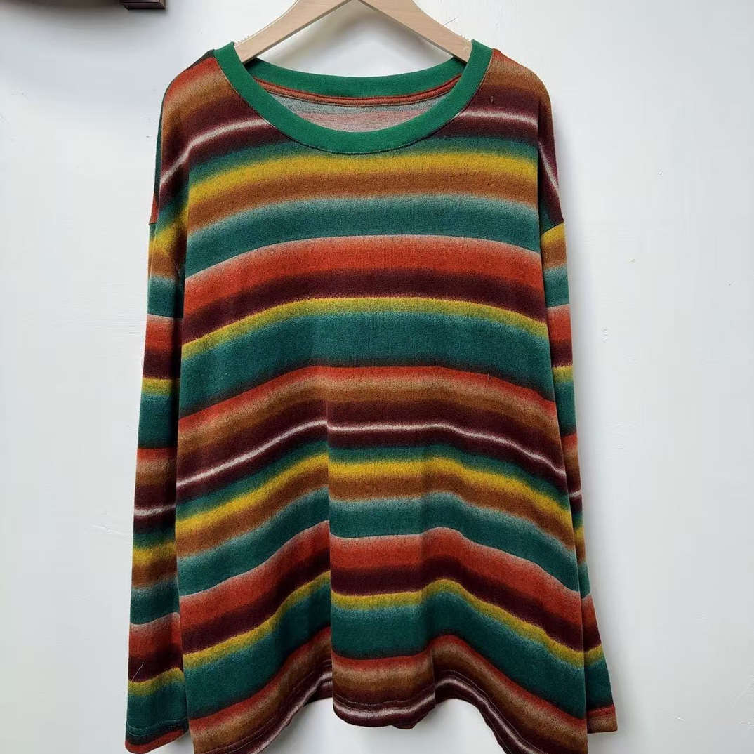 日系 上喜同款复古彩色条纹圆领长袖T恤百搭上衣胸140长77