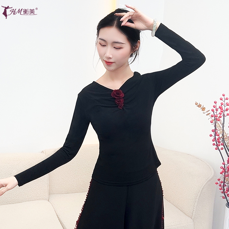 古典舞修身形体舞服立体玫瑰花后背开叉上衣女现代舞集训服装新款