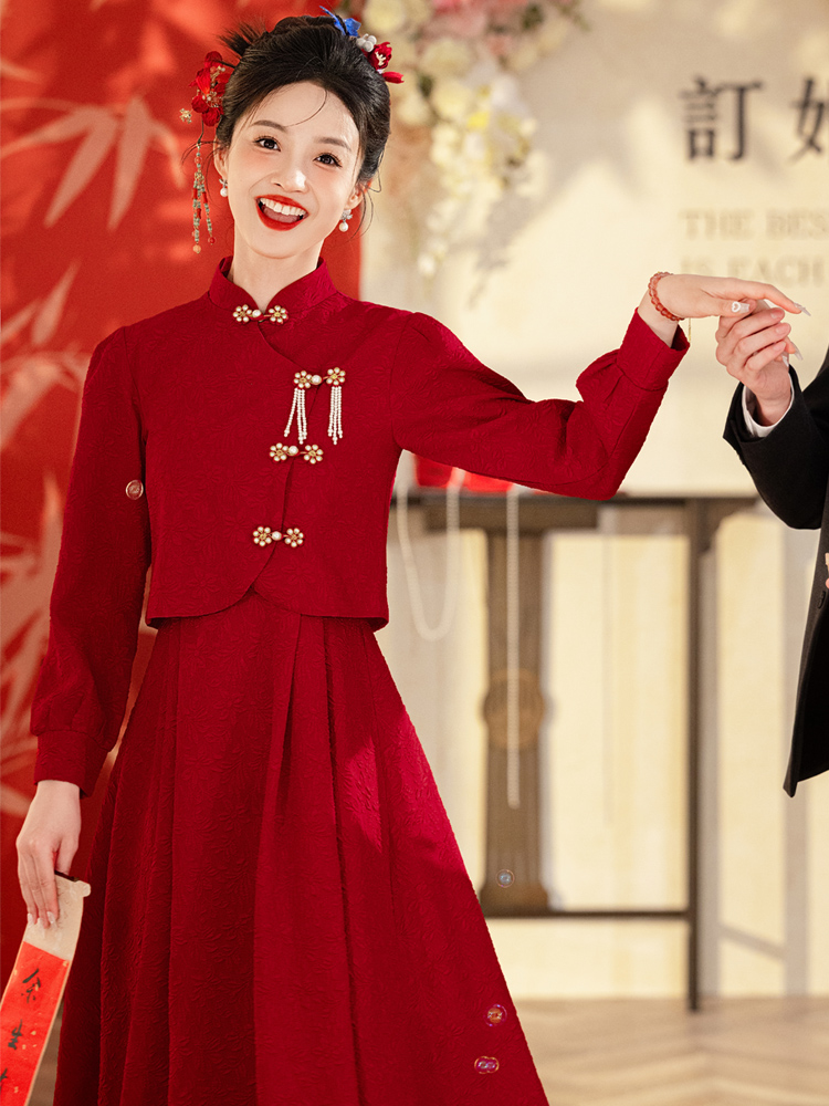 敬酒服新娘小个子秋季长袖新中式旗袍红色结婚订婚礼服连衣裙