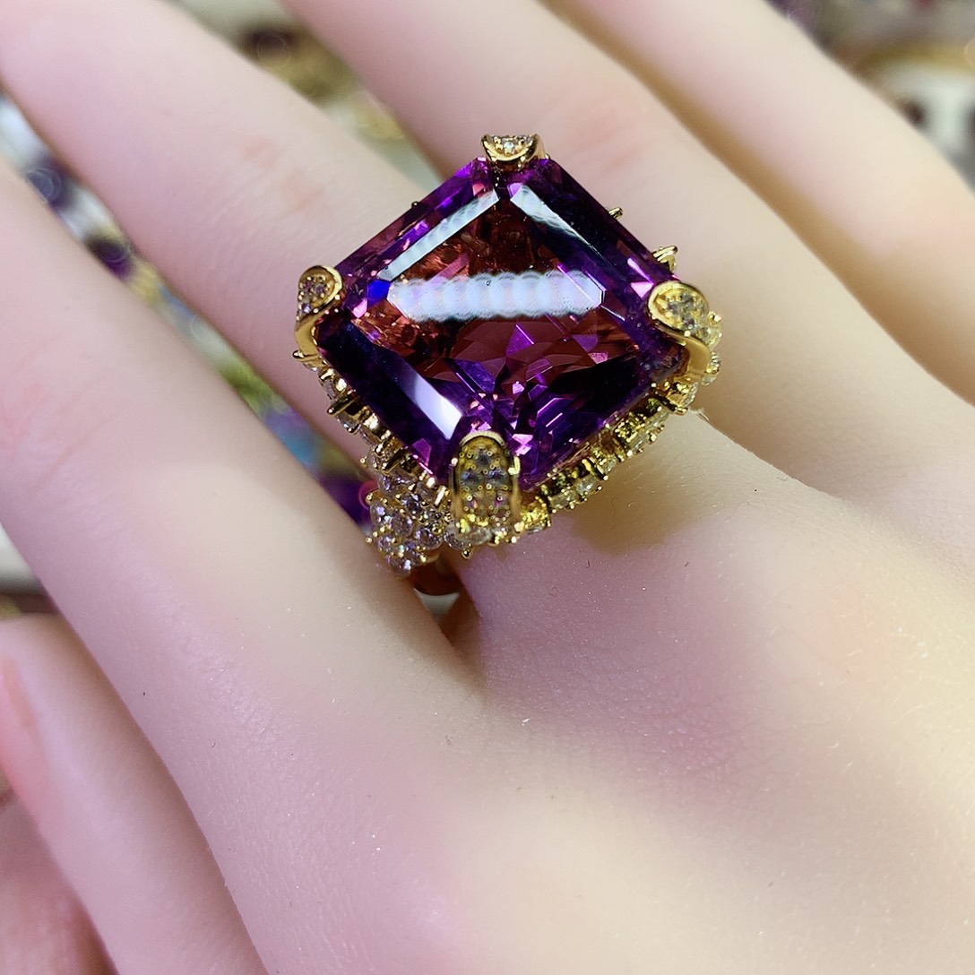 紫晶戒指银S925镀金镶嵌