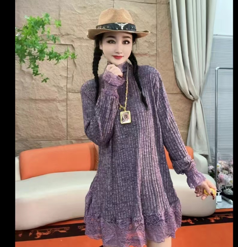 040（安言服饰）圆领高领常规长袖蕾丝打底衫气质提花百搭中长款