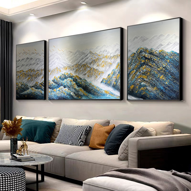 孔雀蓝金山-手绘肌理油画客厅三联简约风景立体风景画背景钻石画