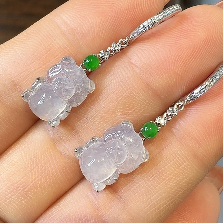 翡翠18K金镶嵌耳饰熊熊