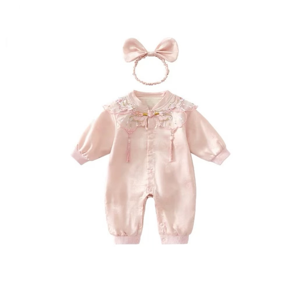 婴儿衣服春装宝宝百天周岁礼服婴幼儿国风抓周连体衣春秋中式爬服