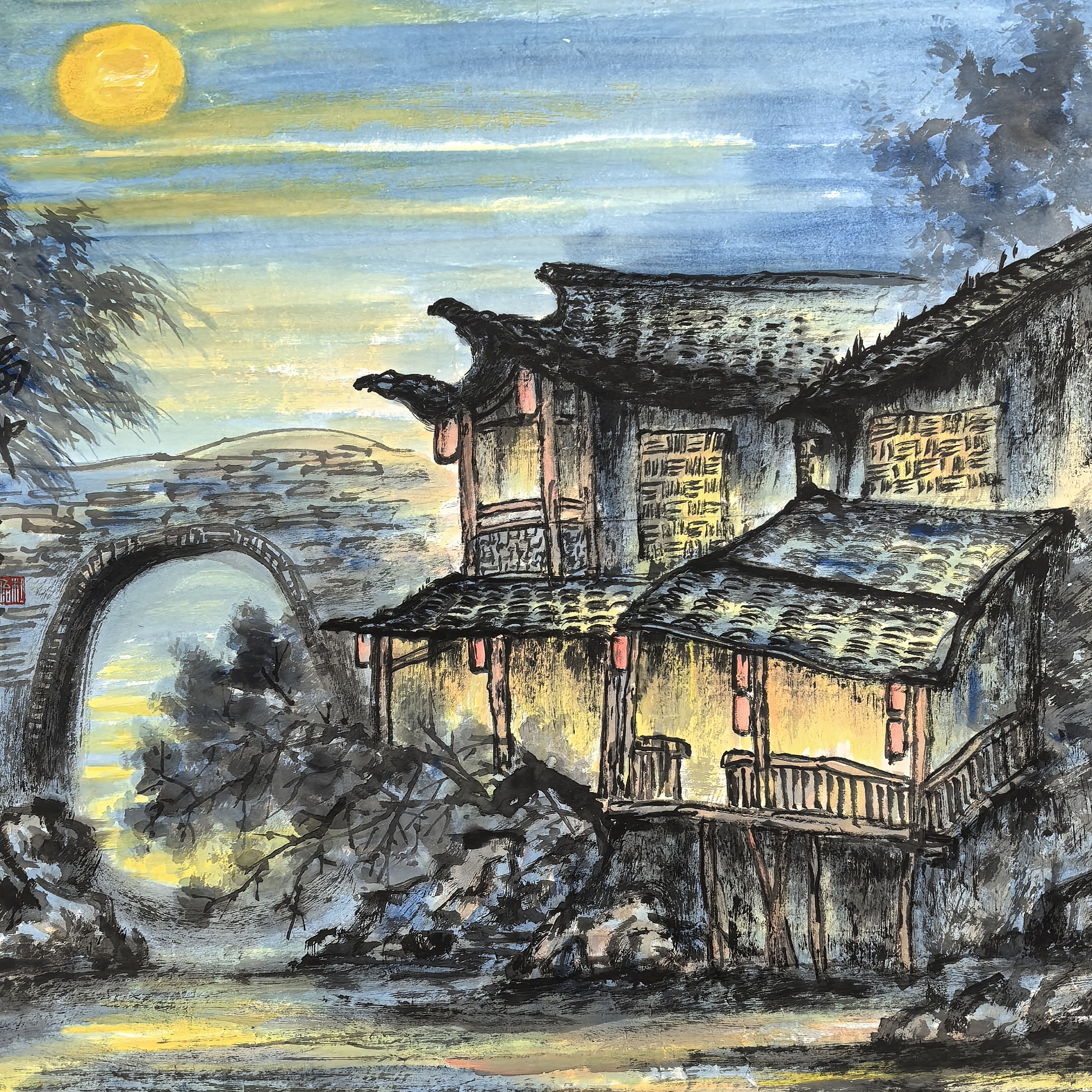 国画四尺四斗方乡情山水68×68㎝