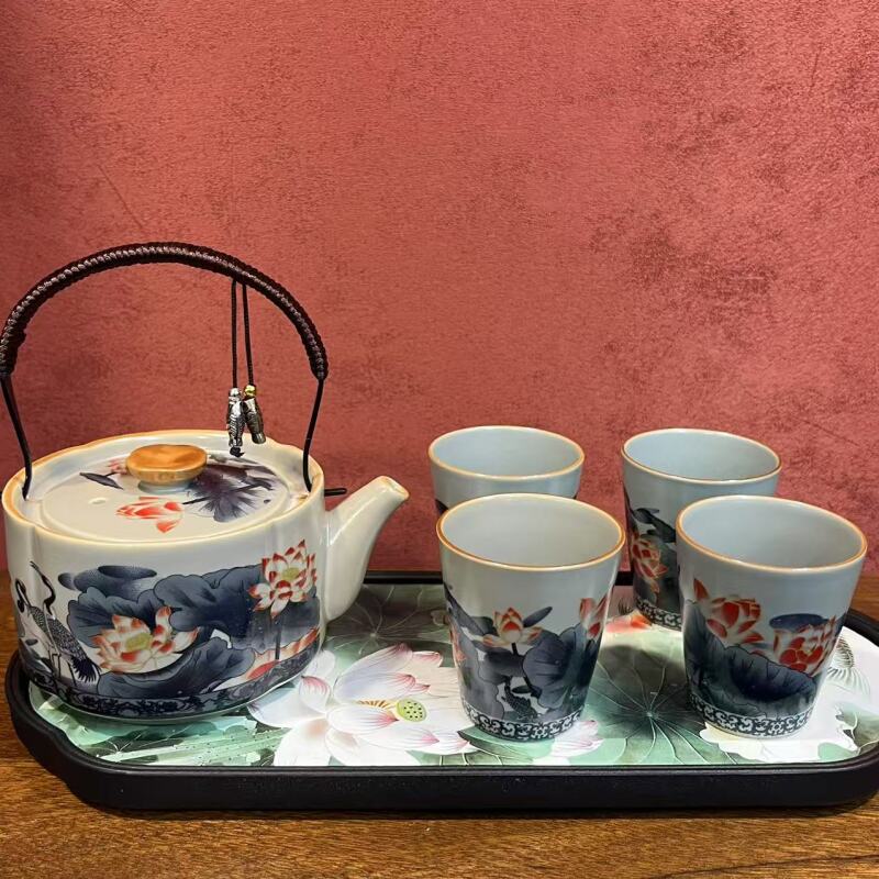 汝窑豆青-提梁壶-荷花+4杯+盘-2781