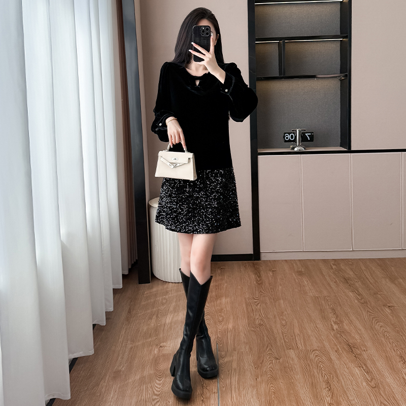 大码优雅大方高级感显瘦连衣裙轻奢法式丝绒拼接亮片小黑裙9736