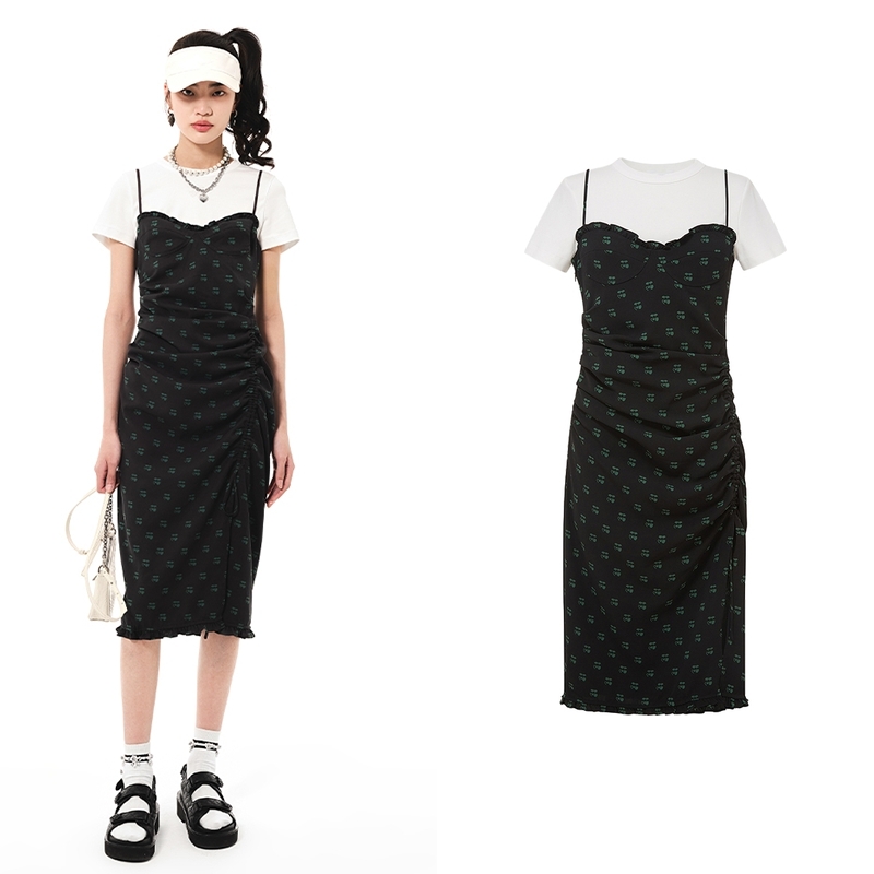 【连衣裙】25夏季新款法式甜美樱桃印花两件套设计连衣裙女Z5832