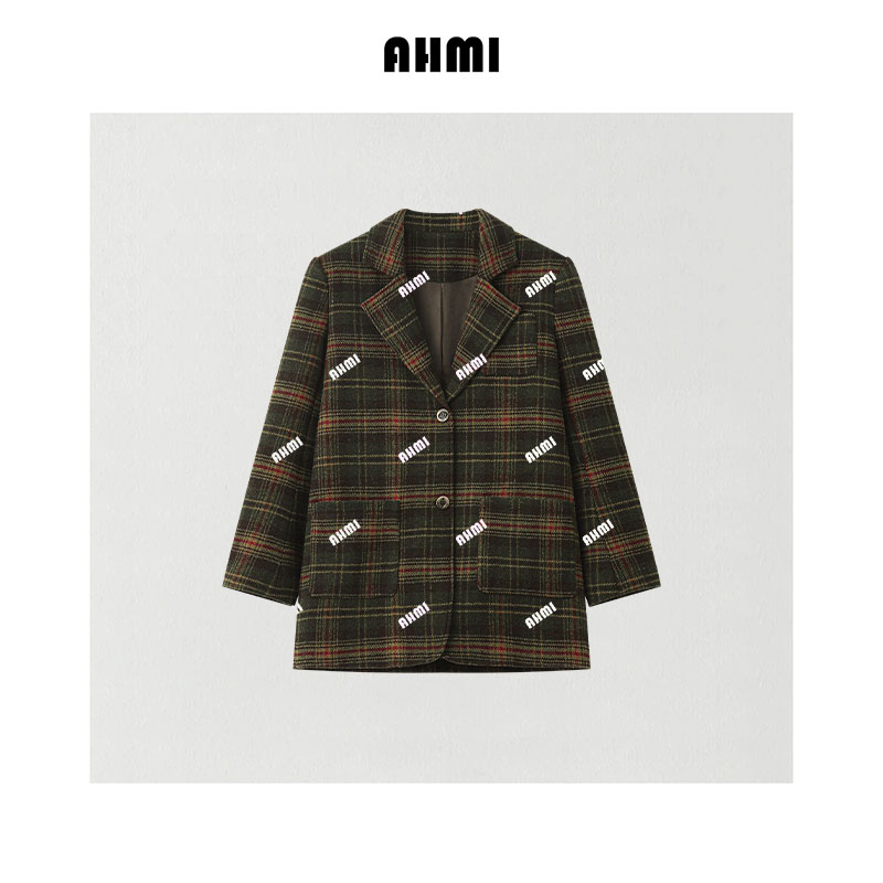 AHMI"圣诞节日"复古墨绿色2025秋冬高级感格纹羊毛呢西装外套