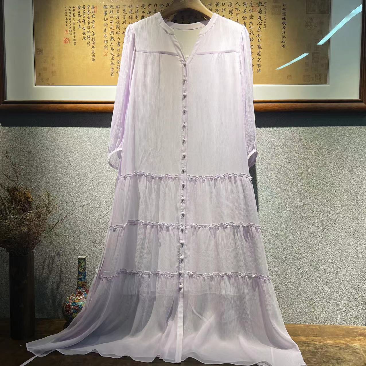 墨枝 V领系带桑蚕丝连衣裙D9008879