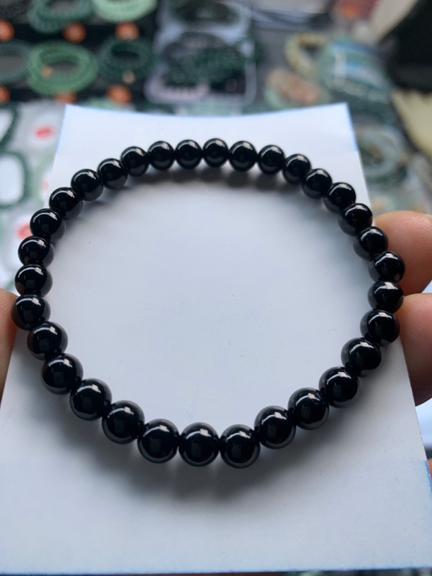 天然缅甸翡翠卡6墨翠手串够黑够油够亮一级黑墨翠品质好完美无裂