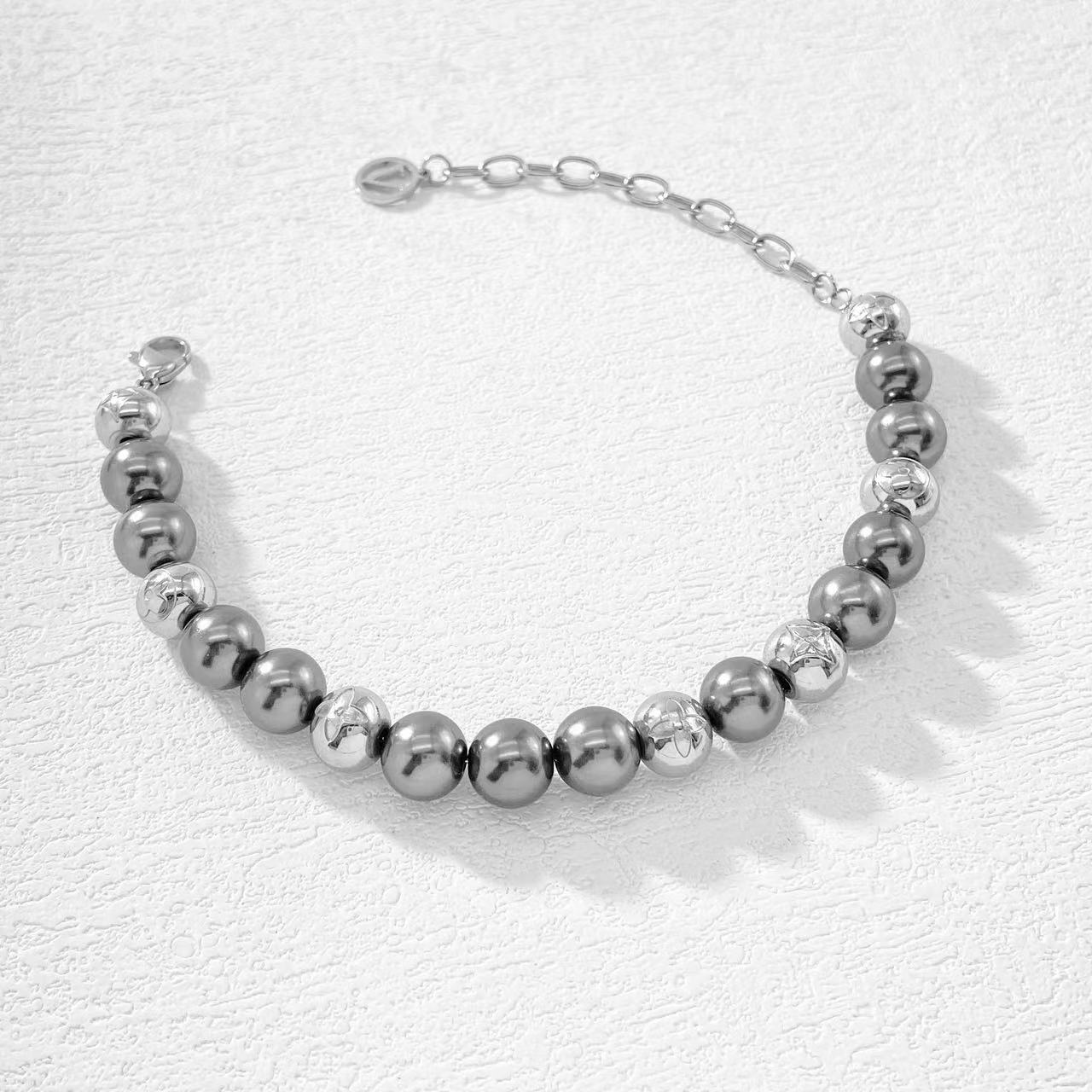 钛钢手链 木木（ZF2146）预售  21厘米 深灰尖花圆花珠子手链