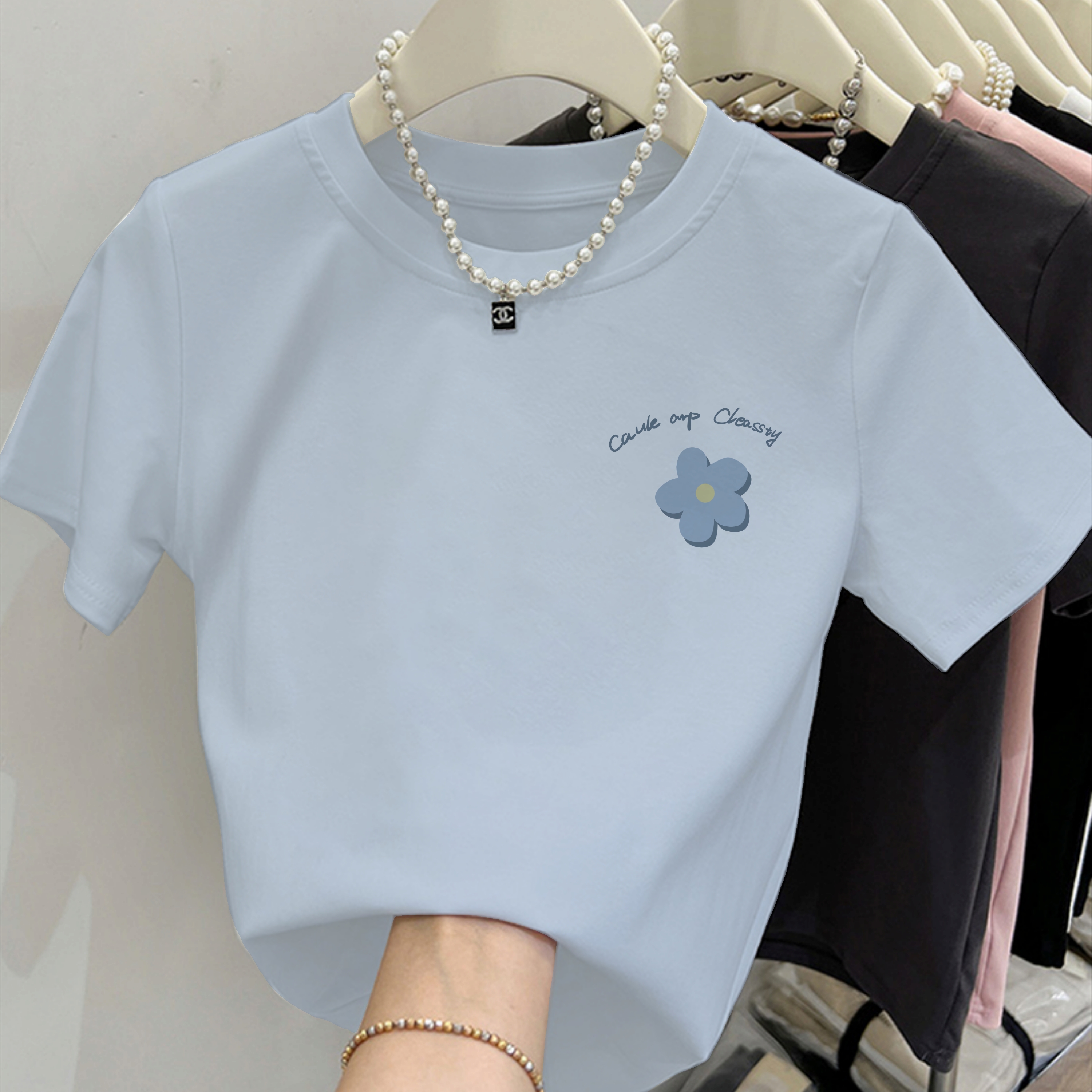 2025新款圆领蓝色花朵胸标印花纯棉短袖小个子女修身显瘦百搭上衣