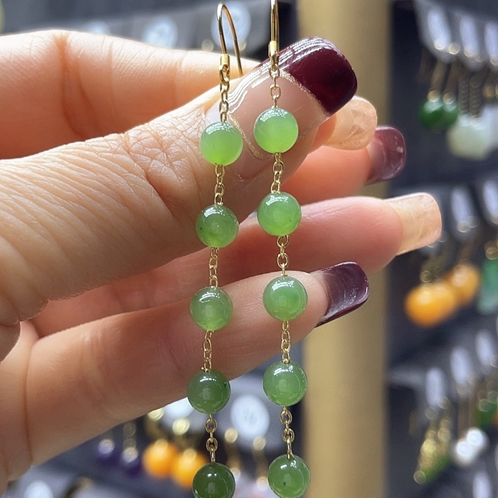 和田玉耳饰银S925镀金镶嵌