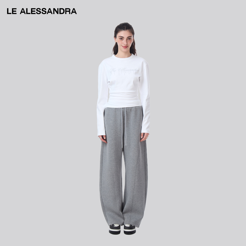 品牌直营 LE ALESSANDRA 圆领沙漏收腰修身LOGO钻饰T恤上衣