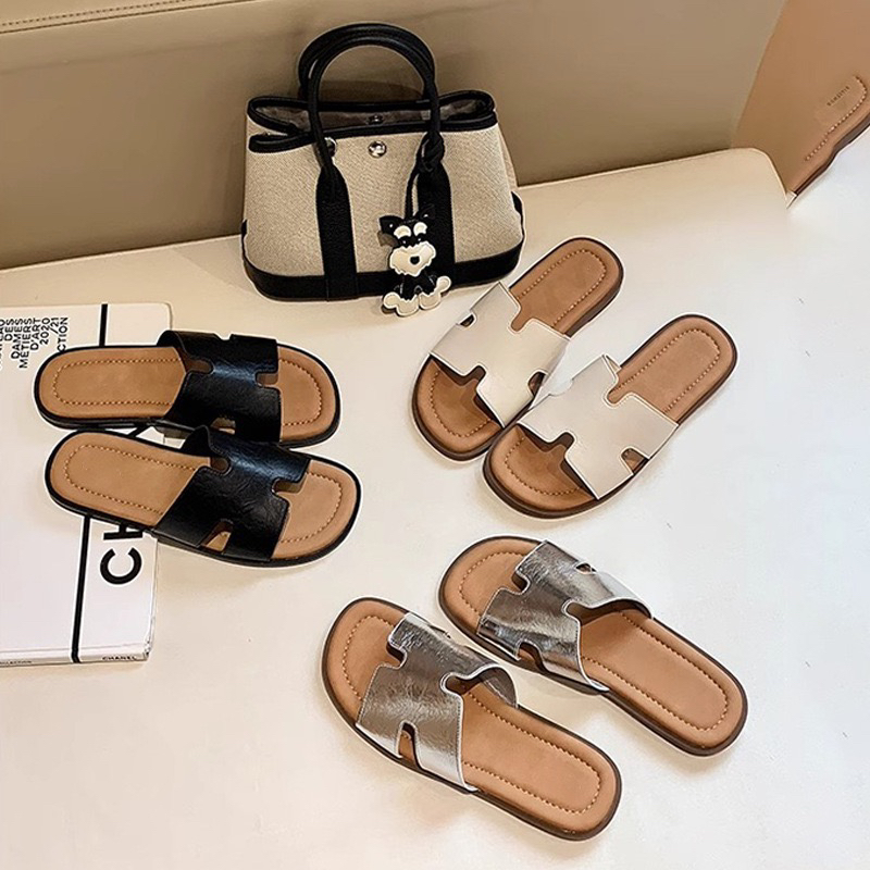 2025夏季新款真皮通勤H拖平底一字拖鞋女款外穿度假沙滩度假拖鞋