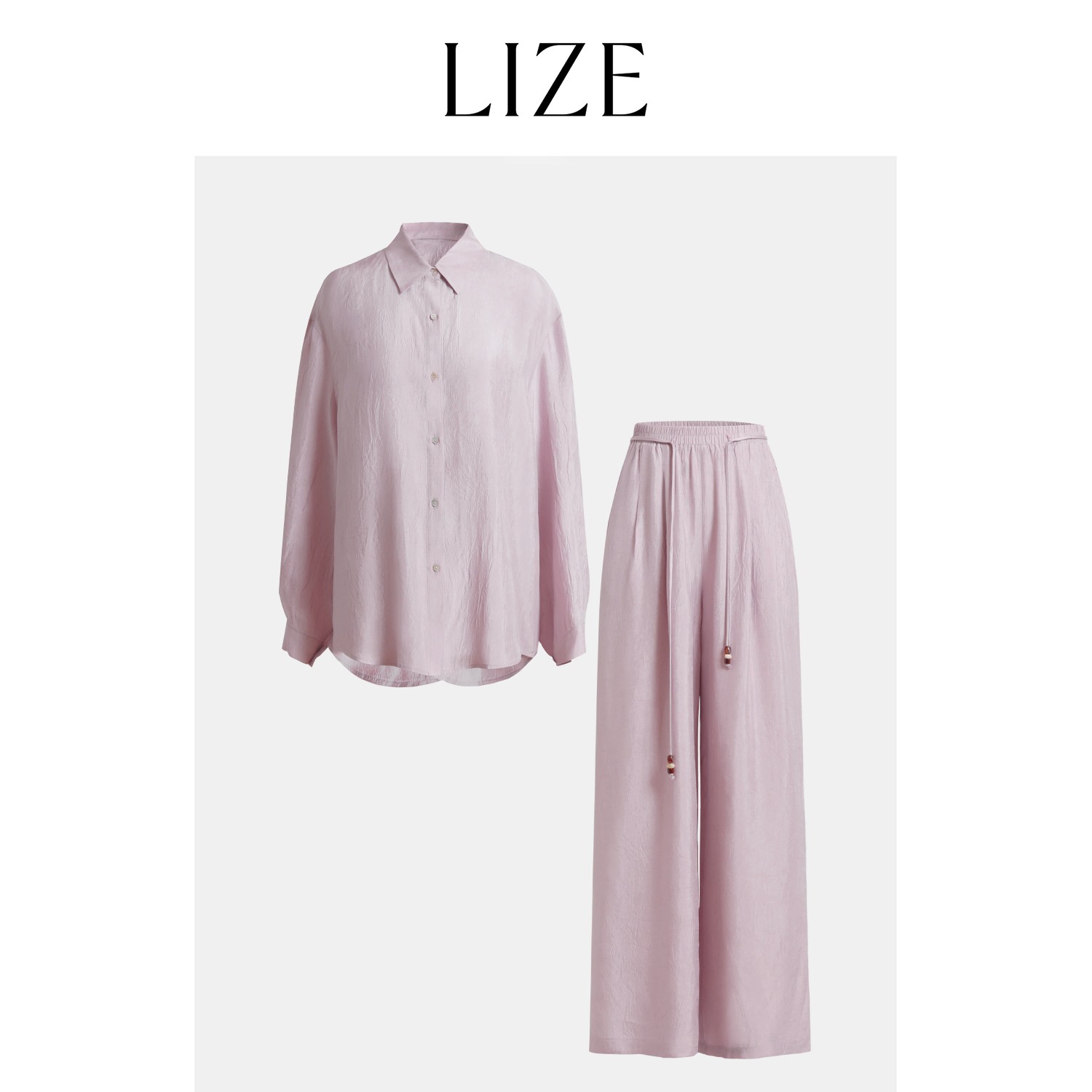 LIZE「静奢纸片人」獨家100醋酸 缎光纸皱感 贝壳纽扣衬衫+直筒裤
