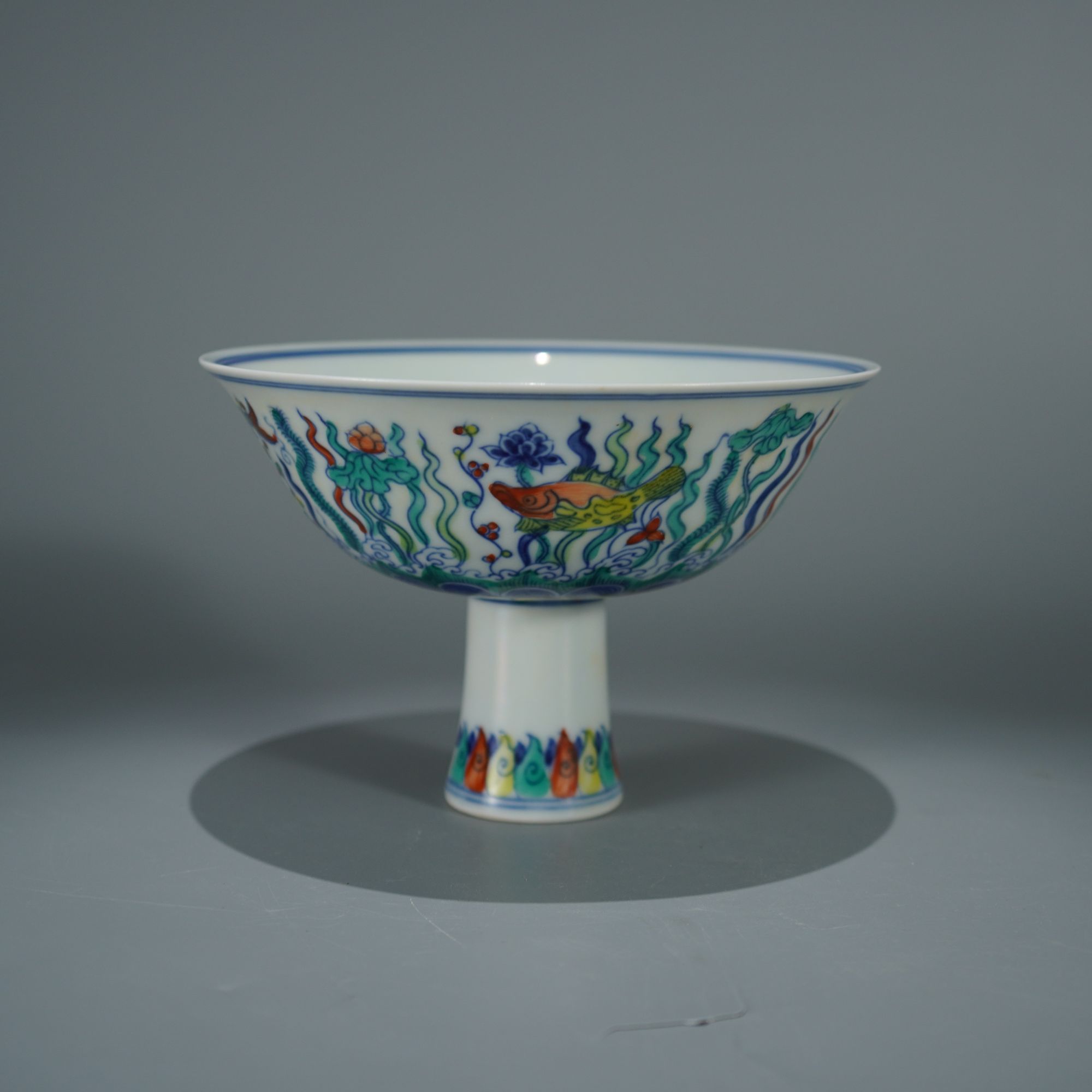 11311明成化斗彩鱼藻纹高足碗【古玩古董明清瓷器】收藏