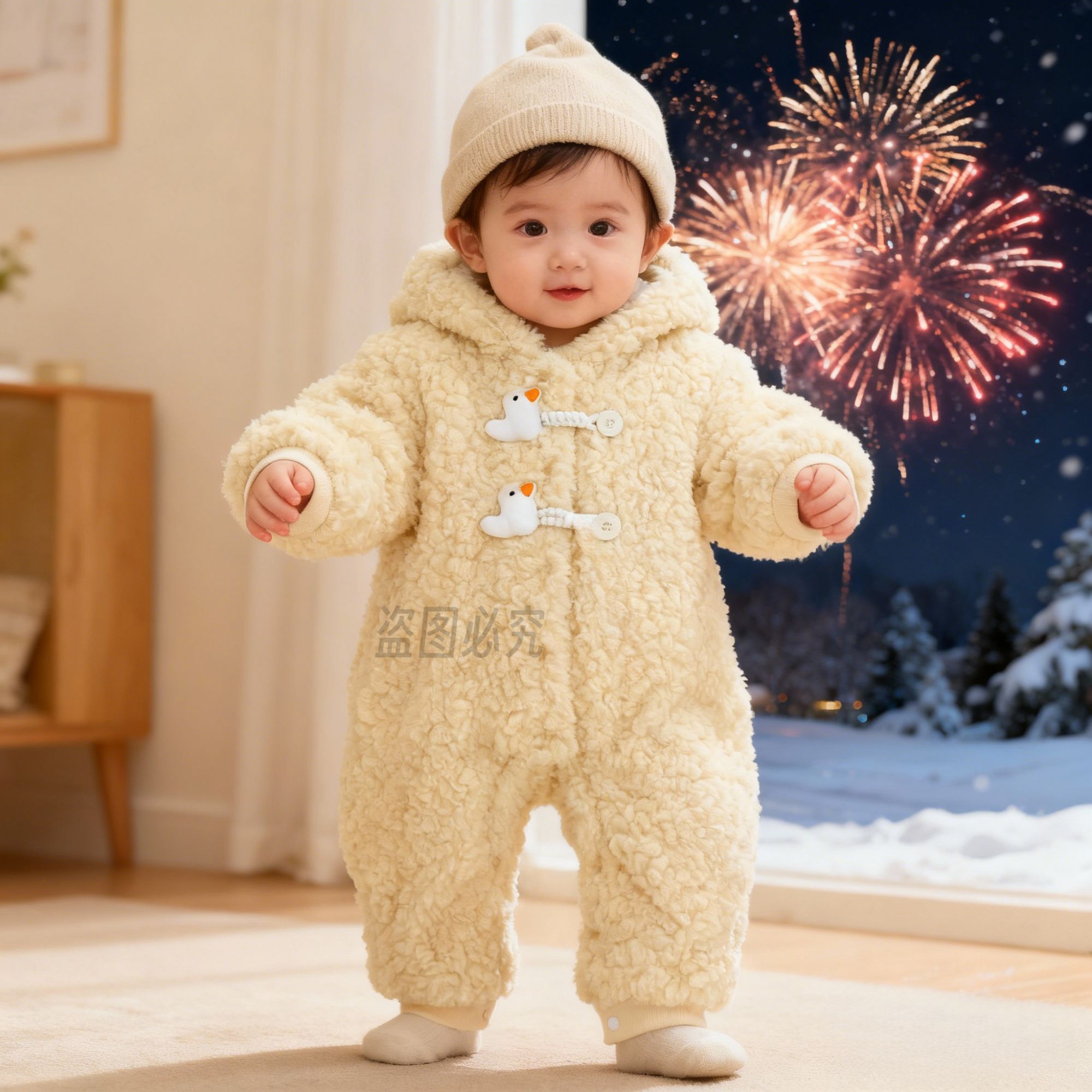 J新款上新男女宝冬季加绒夹棉可爱小动物外出加厚连帽爬服哈衣D11