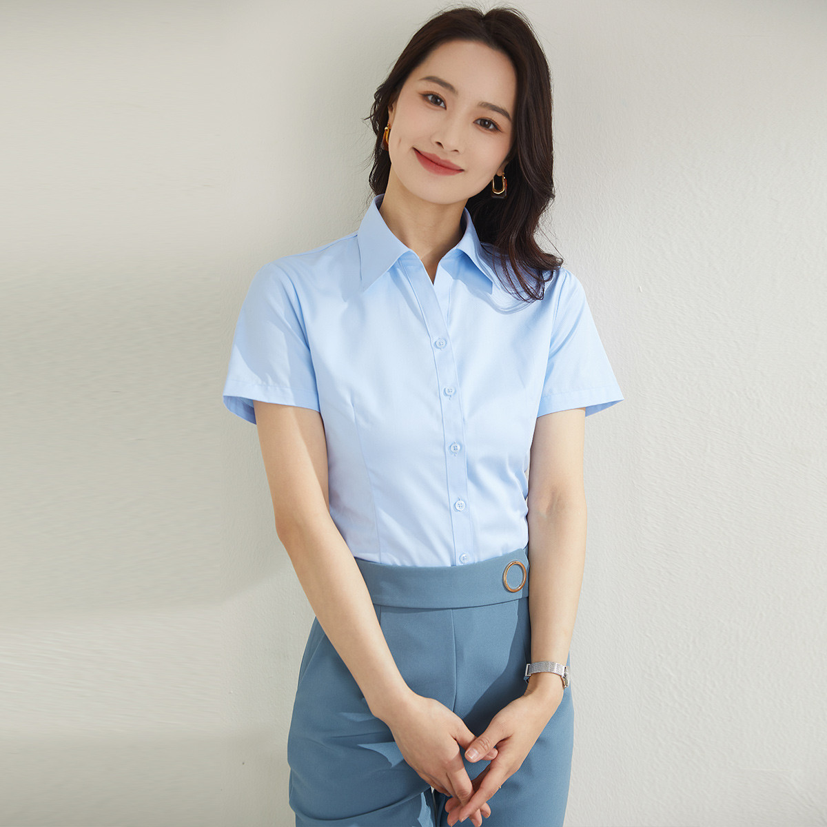 【60棉】夏季短袖衬衫女士纯色简约基础款正装商务职业上班衬衣女