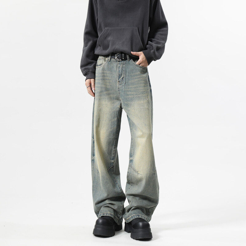 SiaLoss美式复古水洗牛仔裤男早秋vintage宽松休闲裤痞帅微喇裤