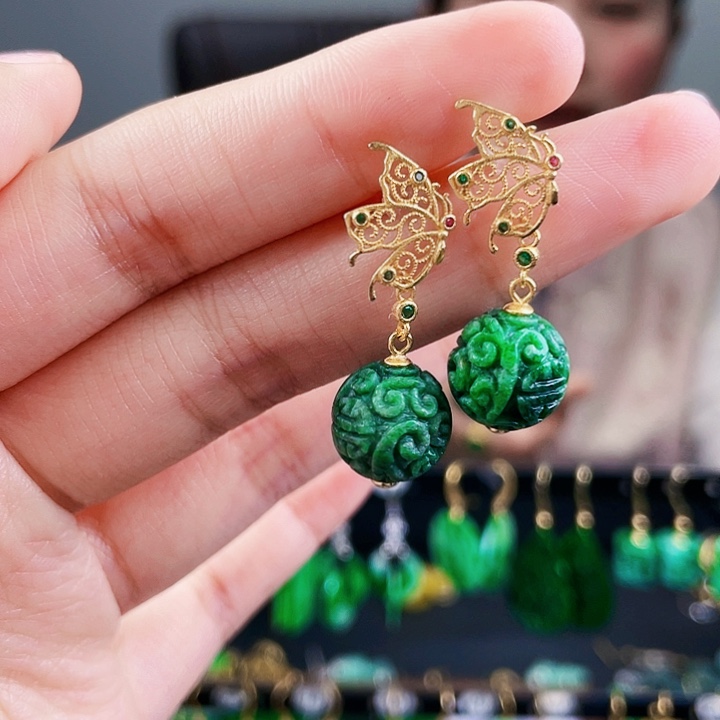 翡翠耳饰银S925镶嵌饰品