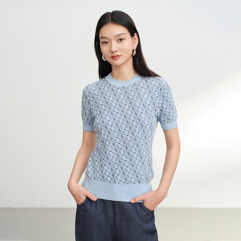 EP雅莹2025早秋女装 几何肌理圆领罗纹薄款短袖针织T恤9560A