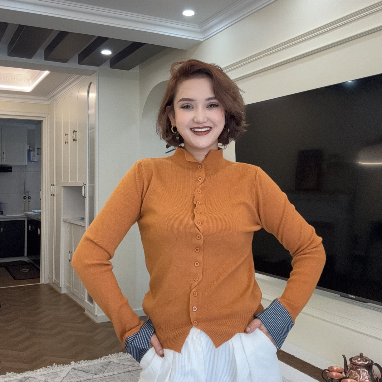 宽松型厚款常规冬季秋季拼接短款长袖开衫款毛针织衫