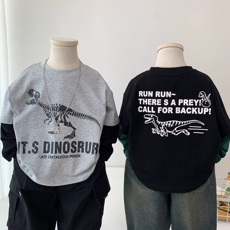 儿童假两件T恤春装2025新款男童卡通恐龙上衣中童纯棉圆领打底衫